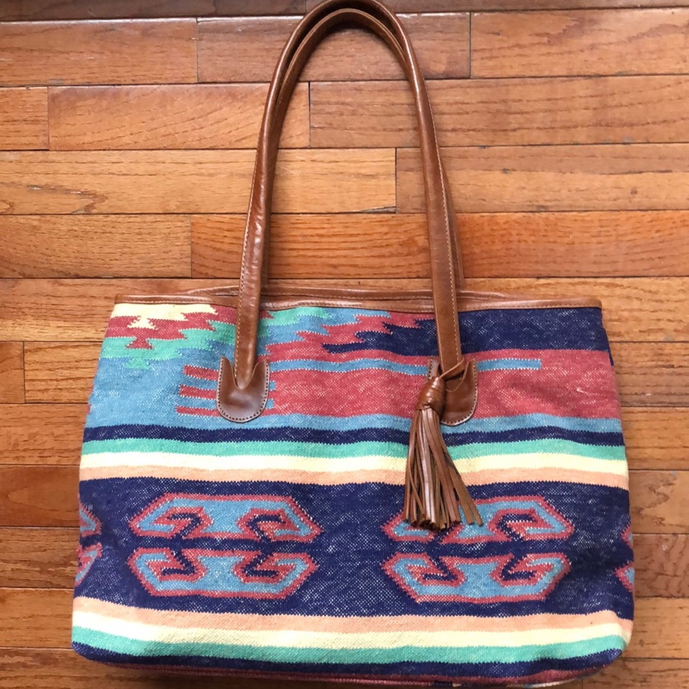 Saddle blanket Navajo Aztec textile bag leather tote weekender